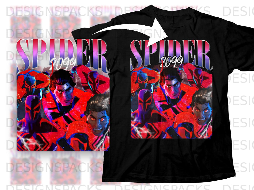 Spider-Man 2099 graphic with text on a black t-shirt.