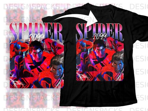 Spider-Man 2099 graphic with text on a black t-shirt.
