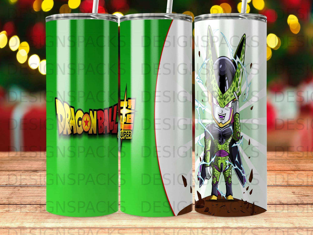 Dragon Ball Z Cell character on a green tumbler with "Dragon Ball Super" logo.