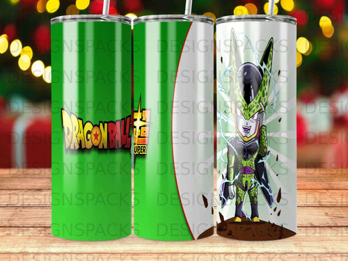 Dragon Ball Z Cell character on a green tumbler with 