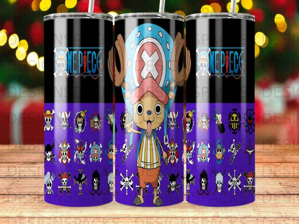 Straw Hat Pirates' Chopper on a tumbler with character icons.