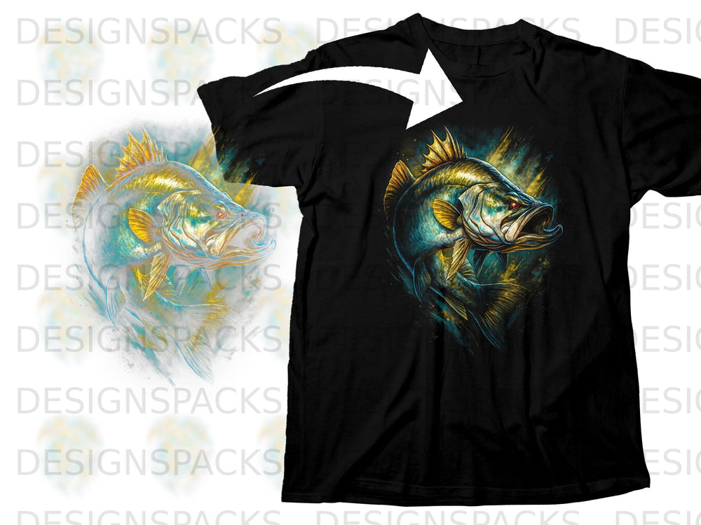Black t-shirt featuring a dynamic, colorful graphic of a bass fish.