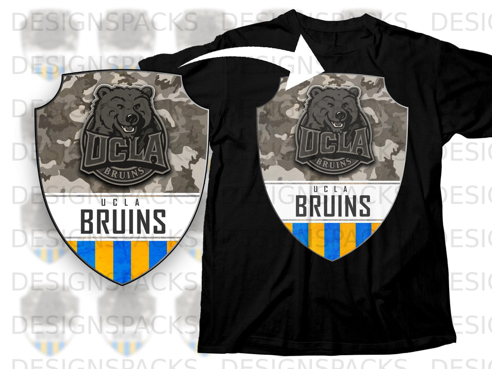 Black UCLA Bruins t-shirt with camouflage shield logo featuring a bear and team text.