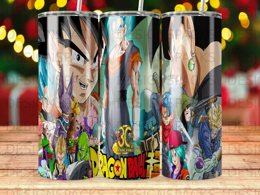 Dragon Ball Z characters with 30th anniversary logo on a patterned tumbler.