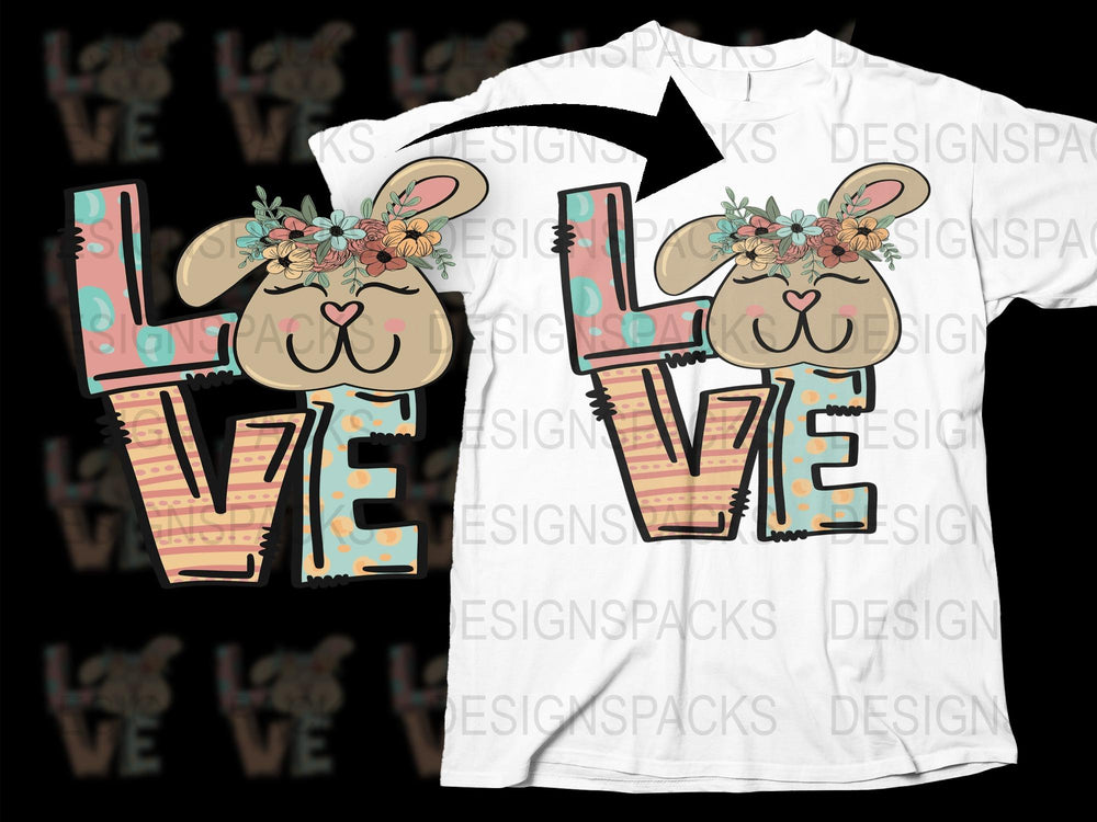 Cute Love Bunny Graphic T-Shirt, Floral Rabbit Design, Casual Crew Neck Tee, Colorful Animal Print, Unisex Fashion Top