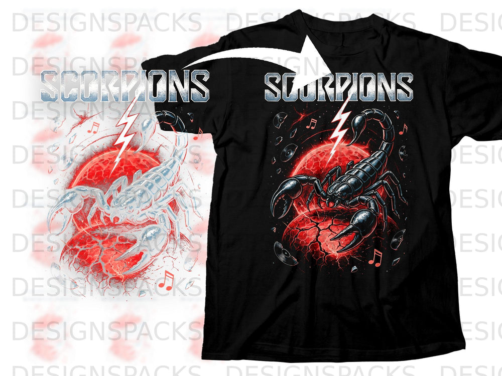 Black t-shirt featuring a scorpion on a cracked red planet with lightning and musical notes.