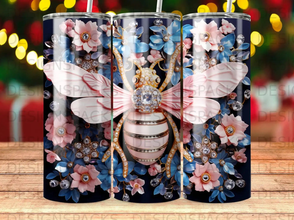 Bee with pink and blue flowers and sparkling gems on a dark background.