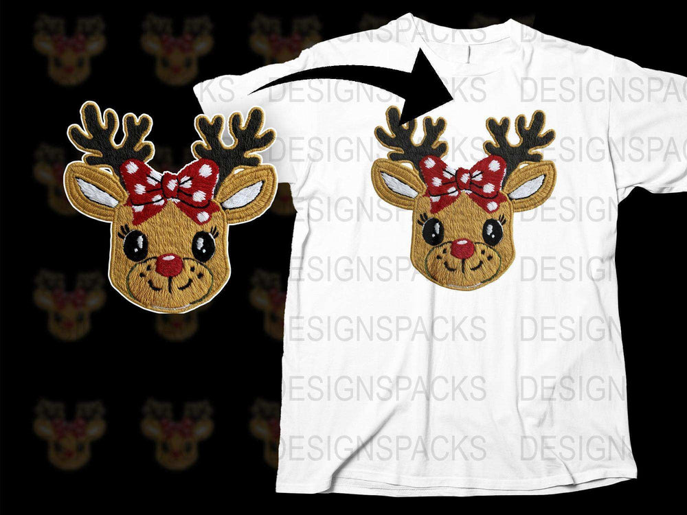 Cute Reindeer Christmas T-Shirt, Festive Holiday Graphic Tee with Red Bow, Unisex Adult and Kids Sizes Available