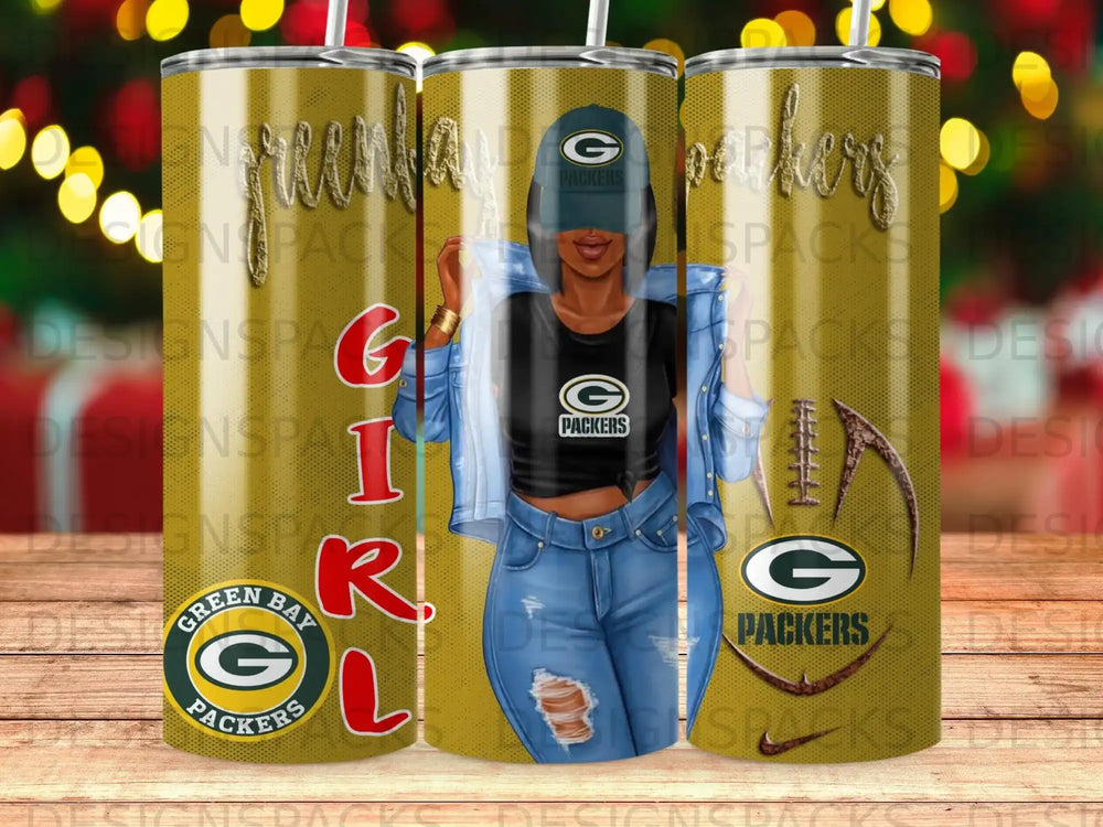 Green Bay Packers themed tumbler with a woman wearing Packers gear.