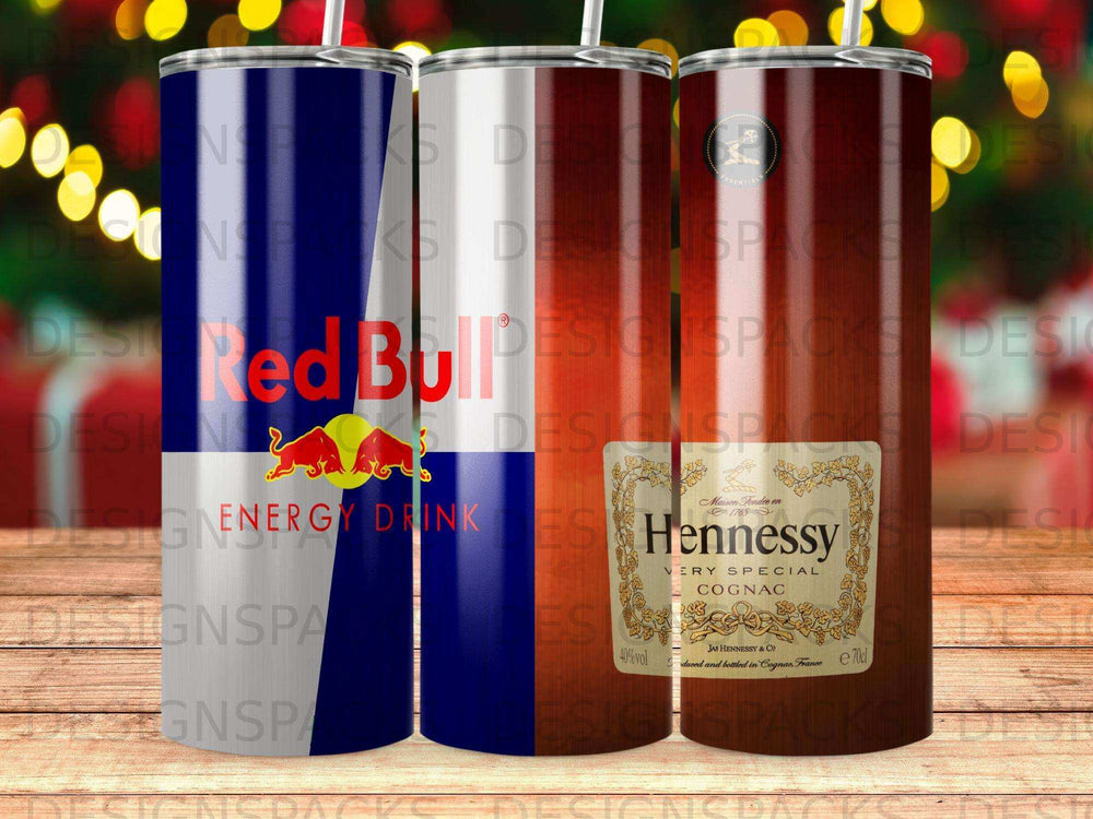 Red Bull energy drink and Hennessy Very Special cognac bottle designs on tumblers.
