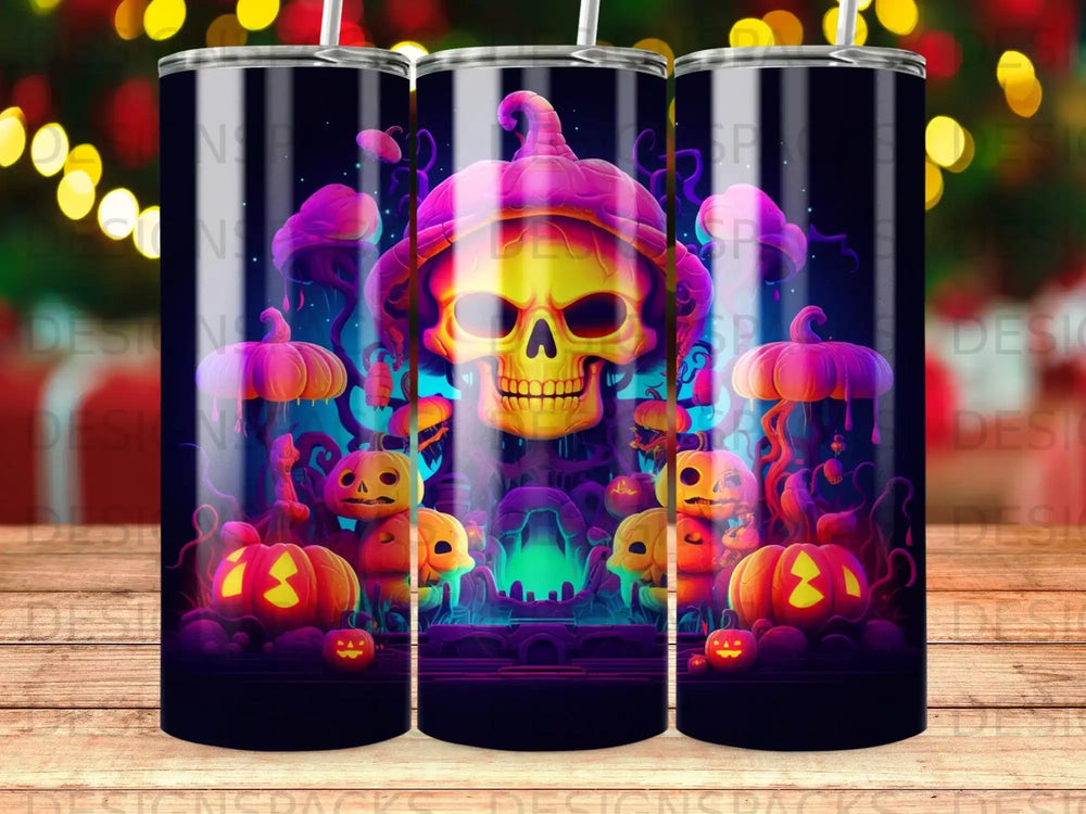 Halloween tumbler featuring a neon skull, pumpkins, and jellyfish.