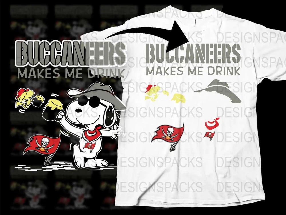 Funny Buccaneers Makes Me Drink T-Shirt, Snoopy Cartoon Pirate Graphic Tee, Humorous Sports Fan Apparel