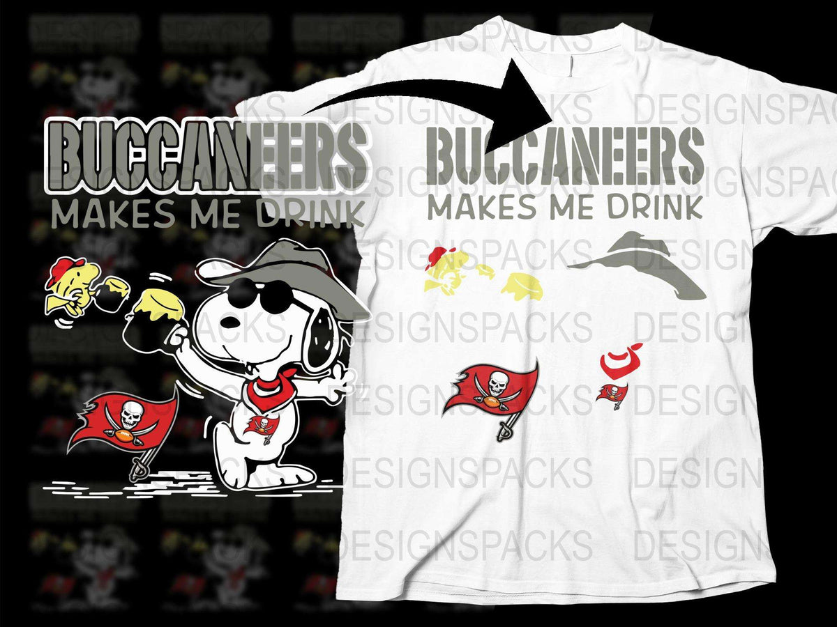 Funny Buccaneers Makes Me Drink T-Shirt, Snoopy Cartoon Pirate Graphic Tee, Humorous Sports Fan Apparel