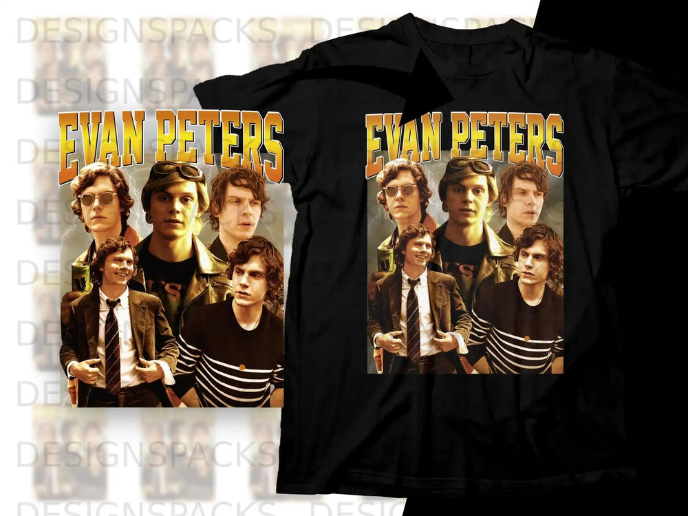 Evan Peters collage graphic on a black t-shirt.