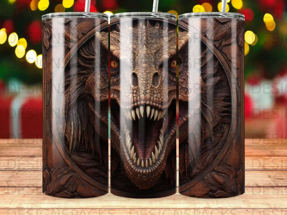 Dragon head in wood carving design on a tumbler.