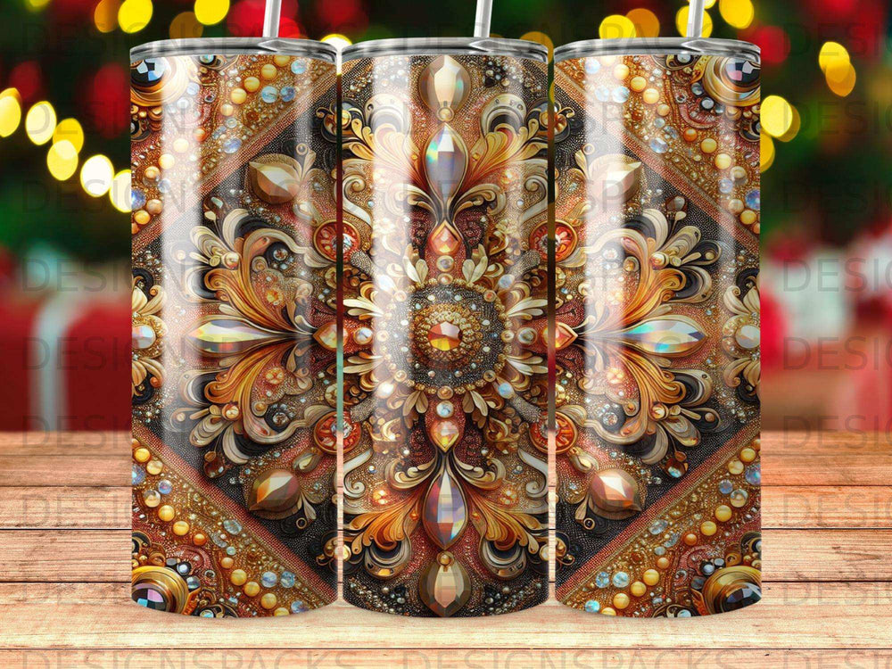 Ornate gold and jewel-toned mandala pattern on a skinny tumbler.
