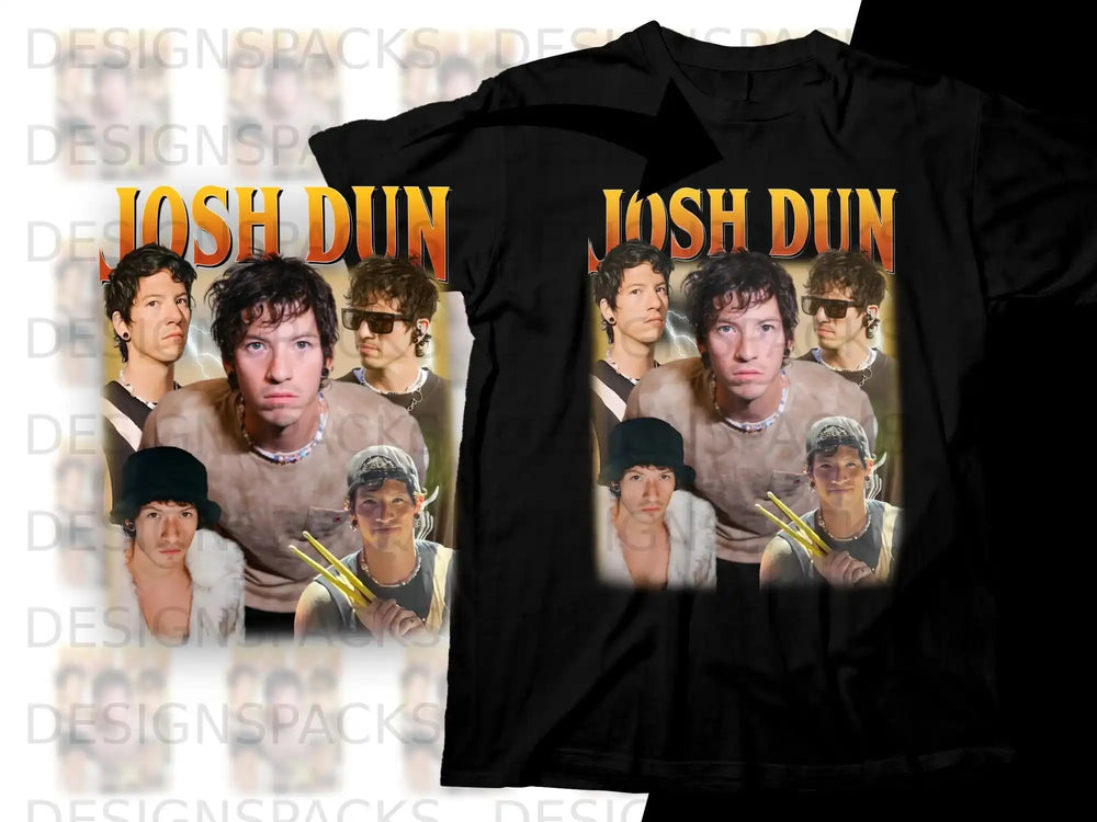 Black t-shirt featuring a collage of musician Josh Dun.