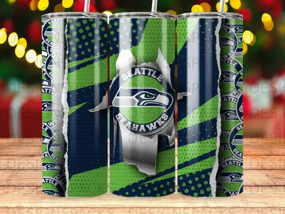 Seattle Seahawks logo on a ripped green and blue striped tumbler.