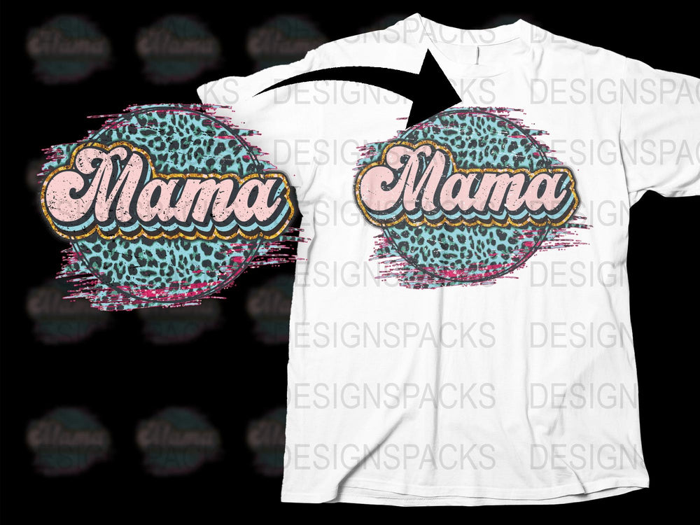 Mama Leopard Print T-Shirt, Stylish Pink Glitter Graphic Tee, Trendy Animal Pattern Women's Top