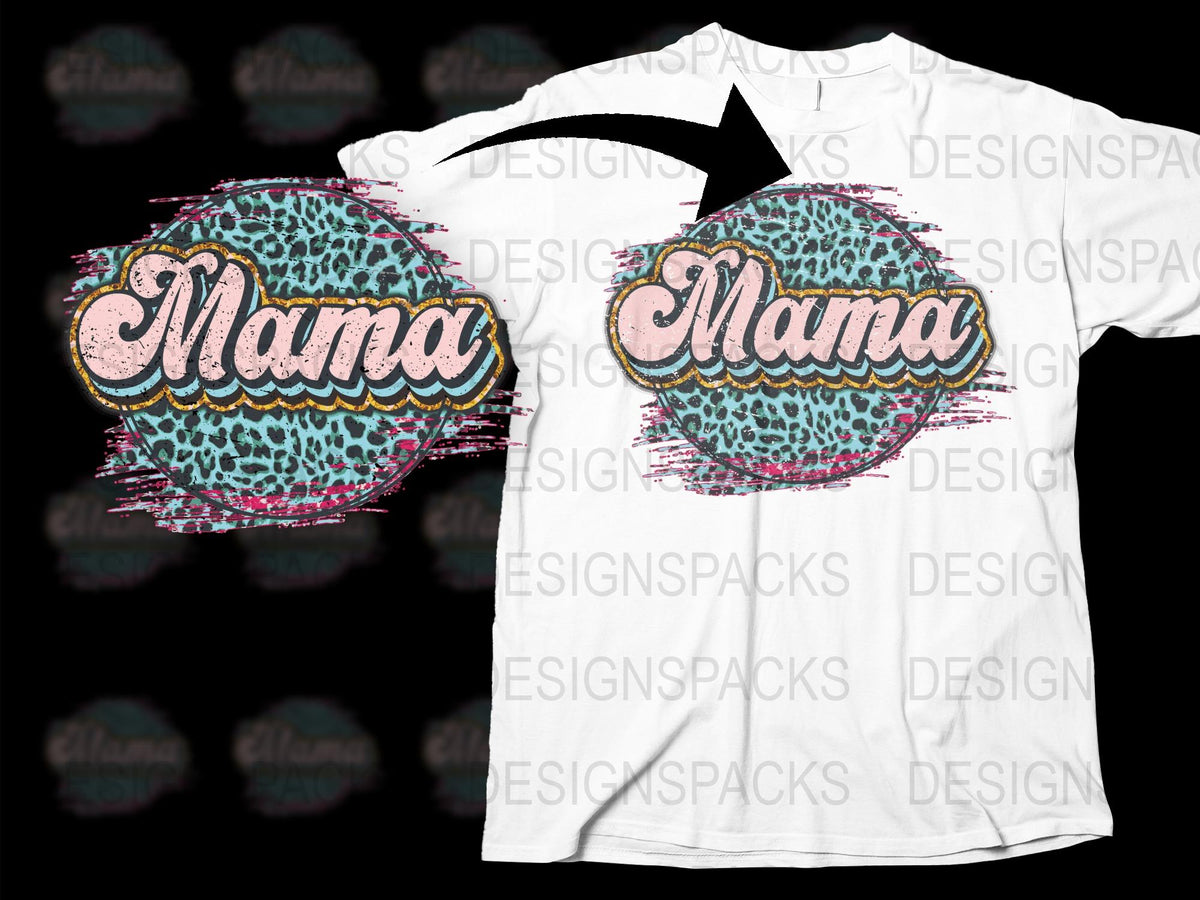 Mama Leopard Print T-Shirt, Stylish Pink Glitter Graphic Tee, Trendy Animal Pattern Women's Top