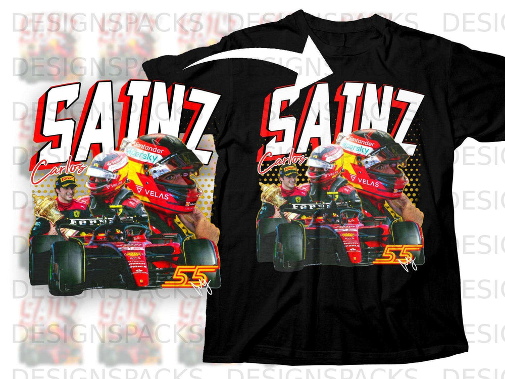 Carlos Sainz racing car with driver and logos on black t-shirt.