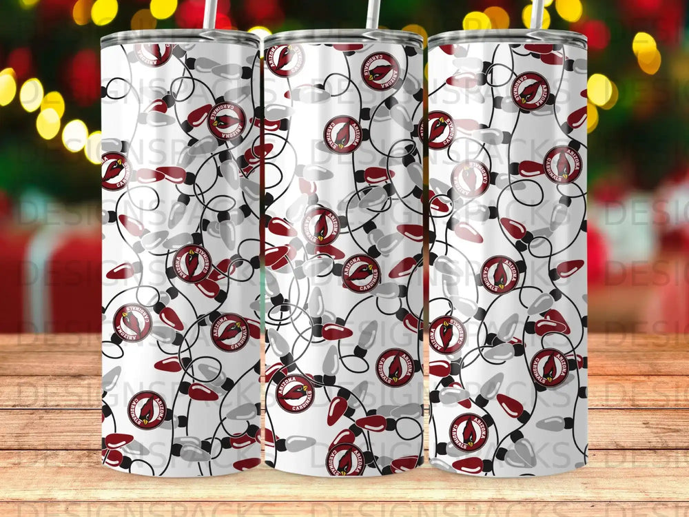 White tumbler with Arizona Cardinals logo and Christmas lights pattern.