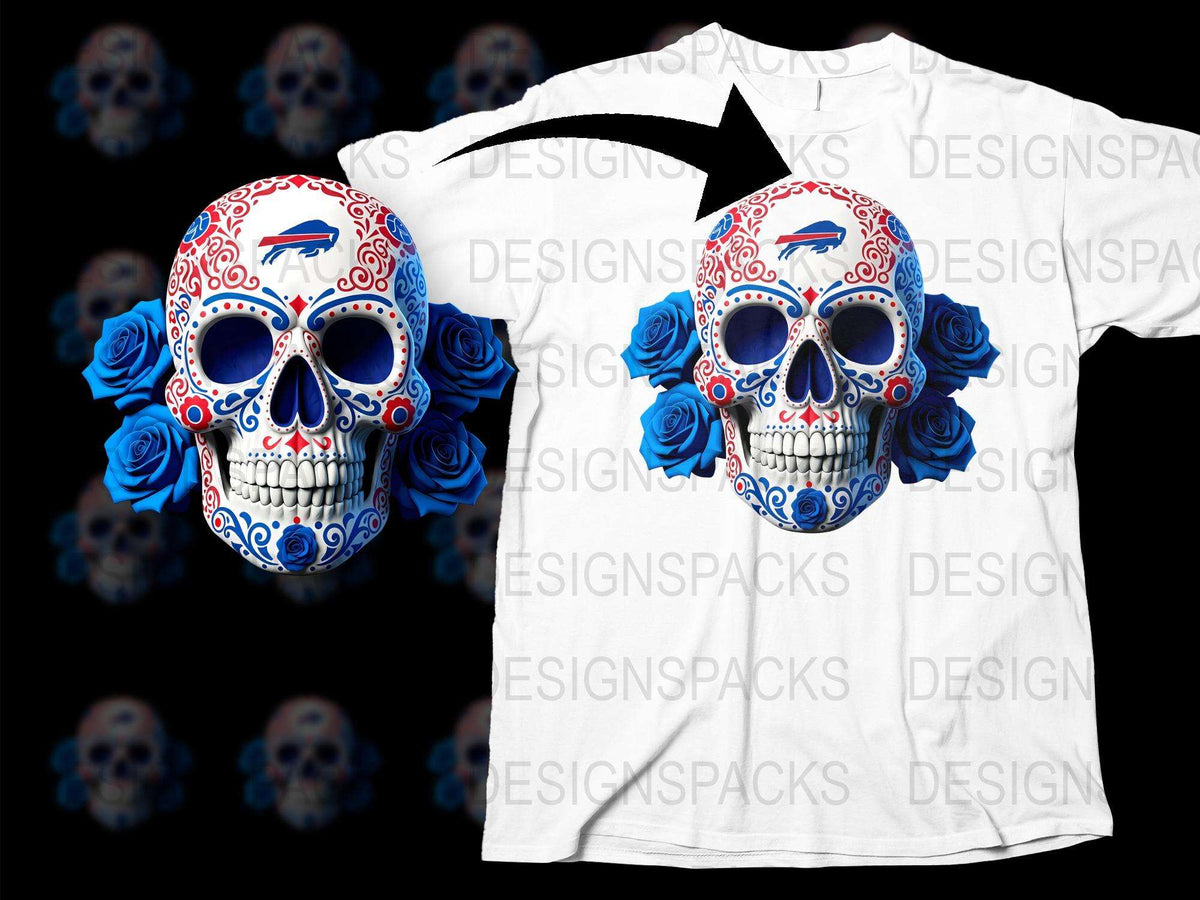 Day of the Dead Sugar Skull T-Shirt, Blue Roses, White Tee, Unisex Graphic Tee for All Ages