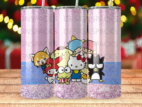 Three tumblers with cartoon characters and glitter.