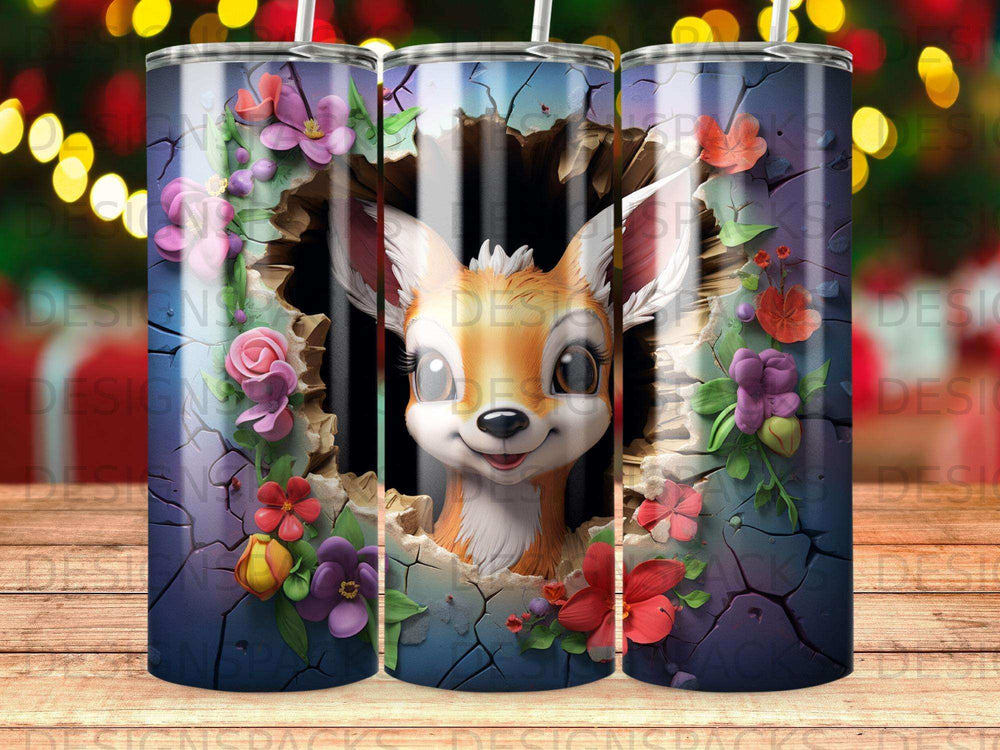 Cute cartoon deer peeking through a cracked wall surrounded by flowers.