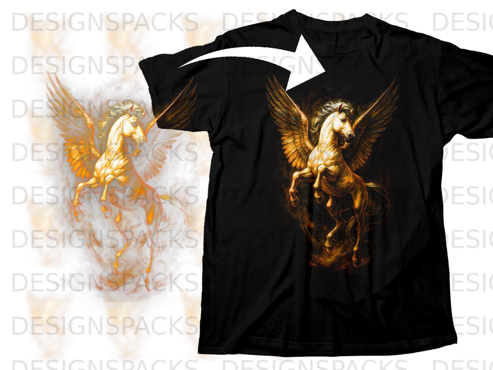 Black t-shirt featuring a golden winged horse with fiery accents.