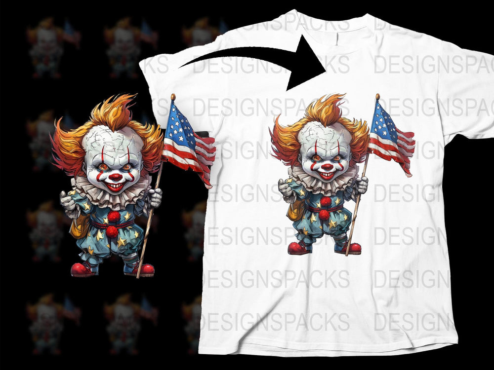 Creepy Clown Graphic T-Shirt, Halloween Costume Tee, USA Flag, Horror Movie Fan Apparel