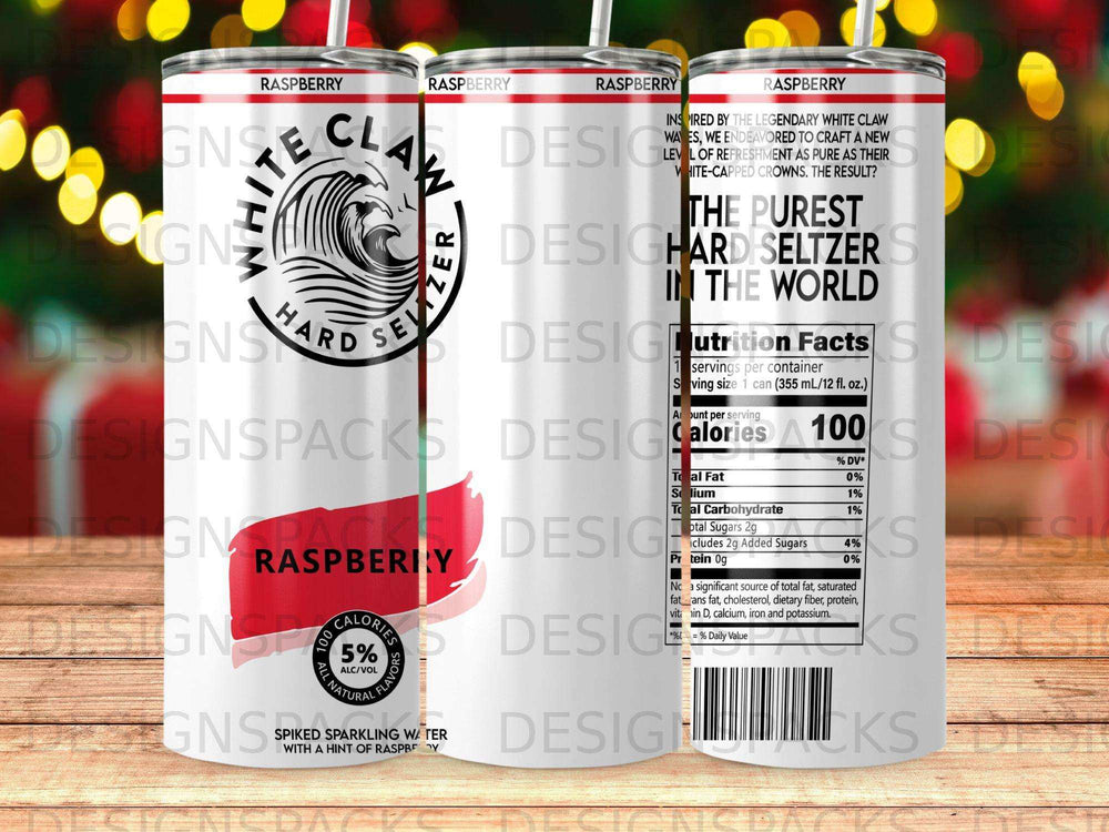 White Claw Raspberry Hard Seltzer can with nutrition facts and branding.