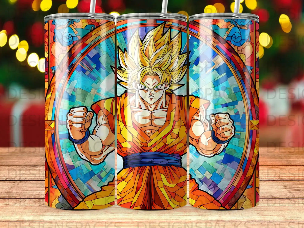 Goku in a stained glass-style design on a tumbler.