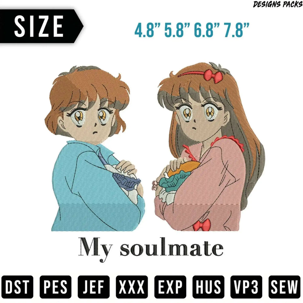 Embroidery design of two anime girls with "My soulmate" text.