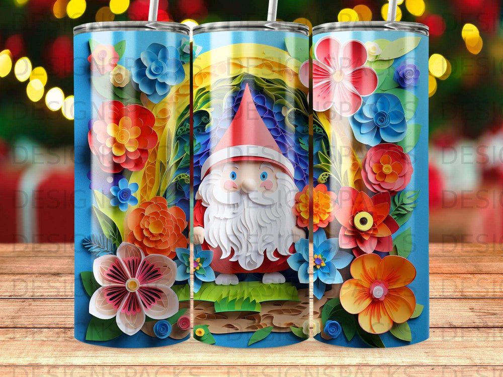 Gnome with colorful flowers and trees, blue background.