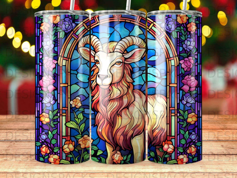 Ram with stained glass style border and floral accents.