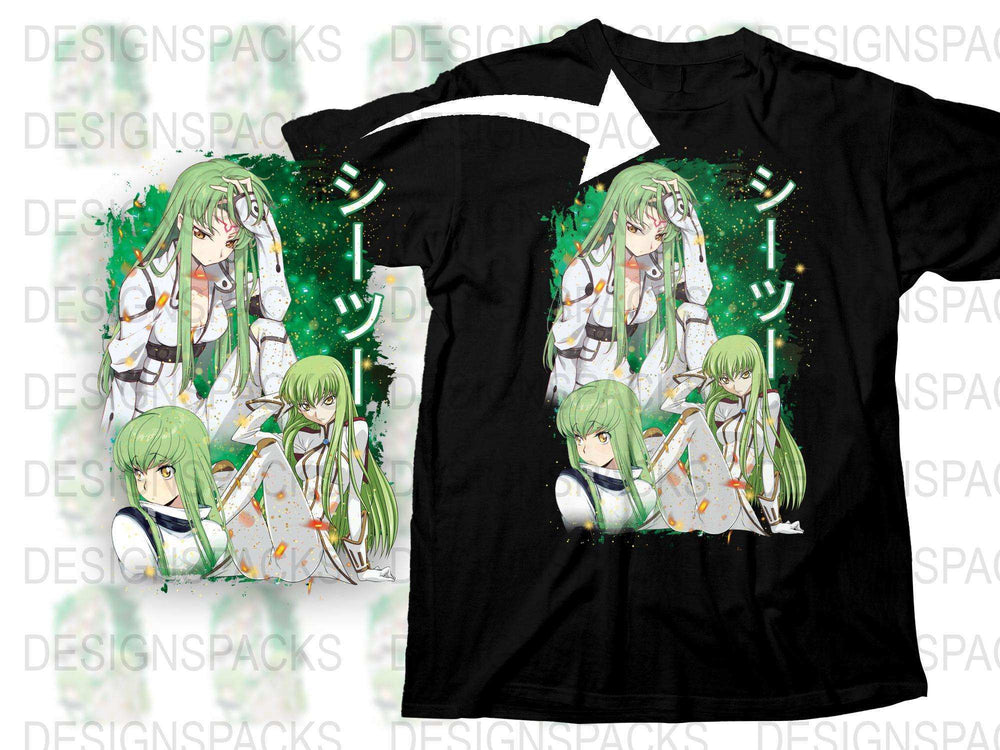Anime Girl T-Shirt, Green Hair Magical Girl, Sparkling Stars, Youthful Manga Design, Black Tee, Unisex Fashion