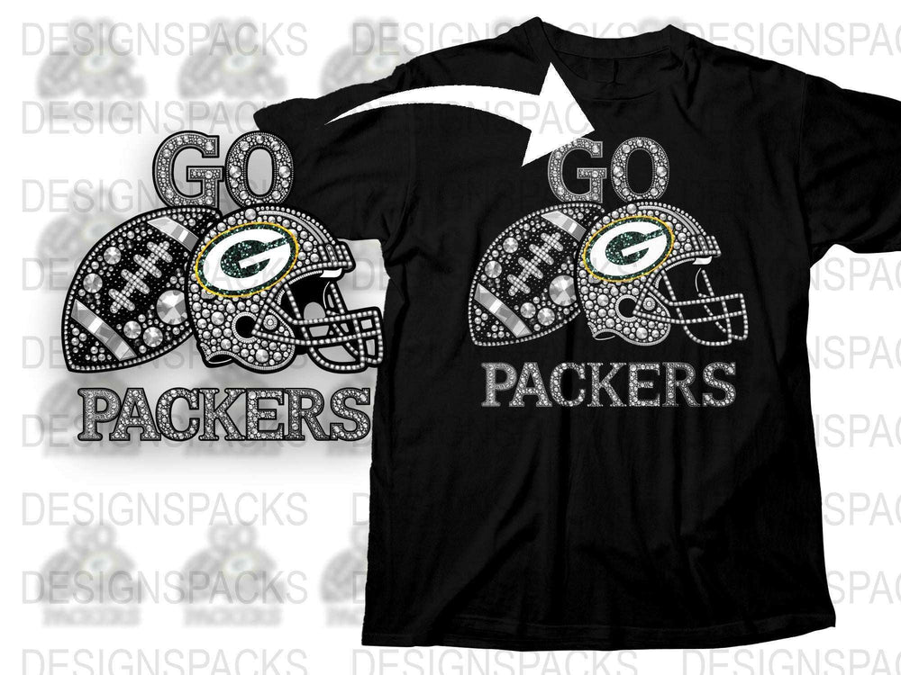 Green Bay Packers Inspired T-Shirt, Football Fan Rhinestone Design, Black Sports Tee, Game Day Apparel