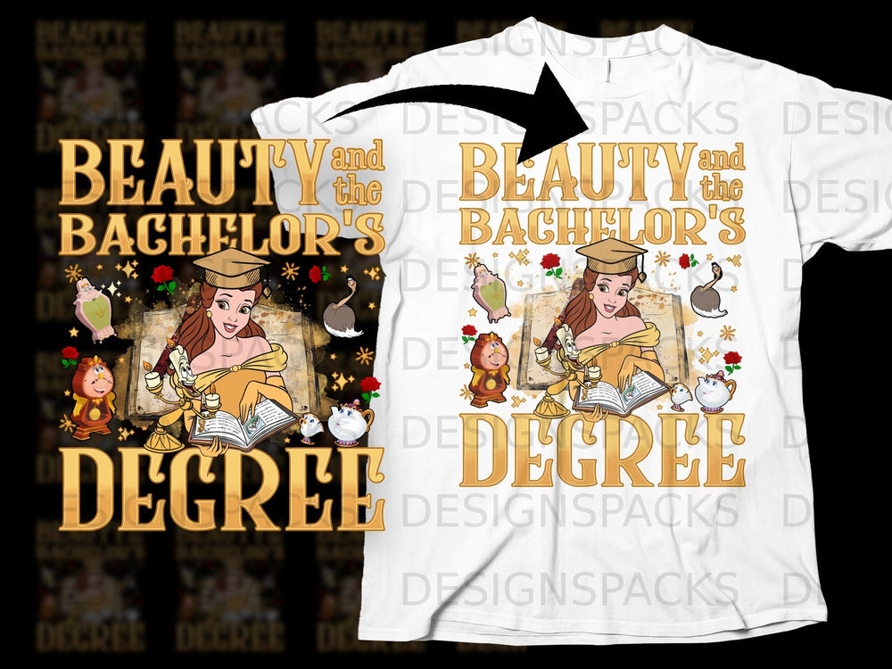 Beauty and the Bachelor's Degree design featuring Belle and enchanted objects.