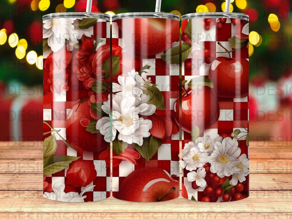 Red apples and white flowers on a red and white checkered background.