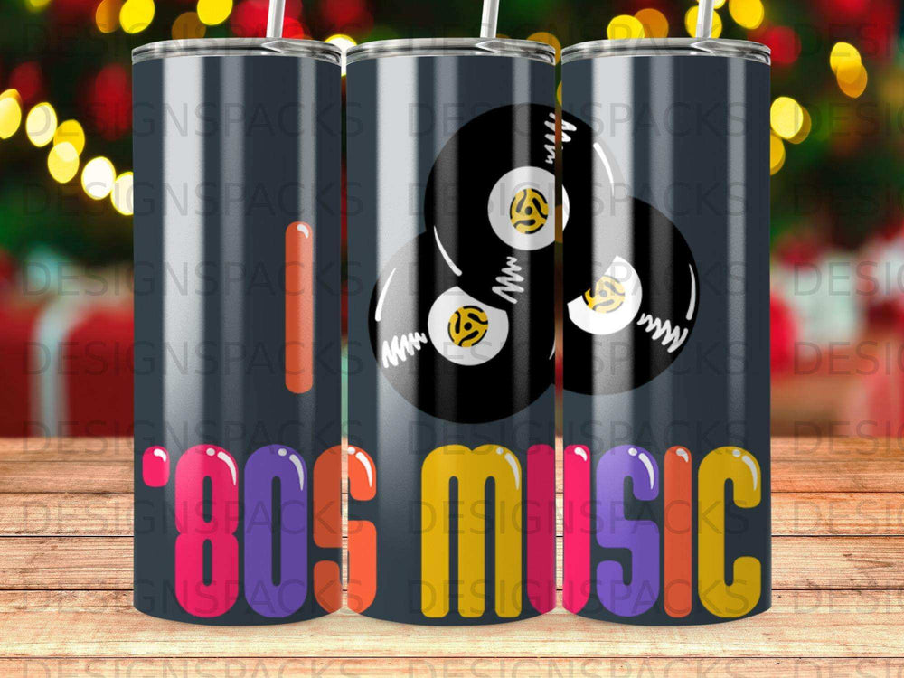 Tumbler with 80s music design featuring vinyl records and retro text.