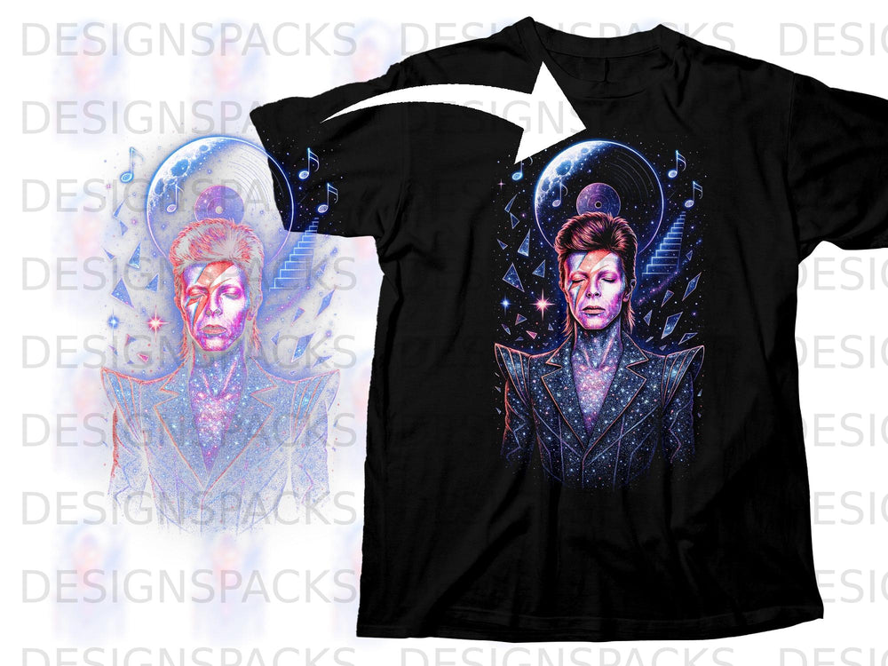 David Bowie with lightning bolt makeup on a black t-shirt with starry background.