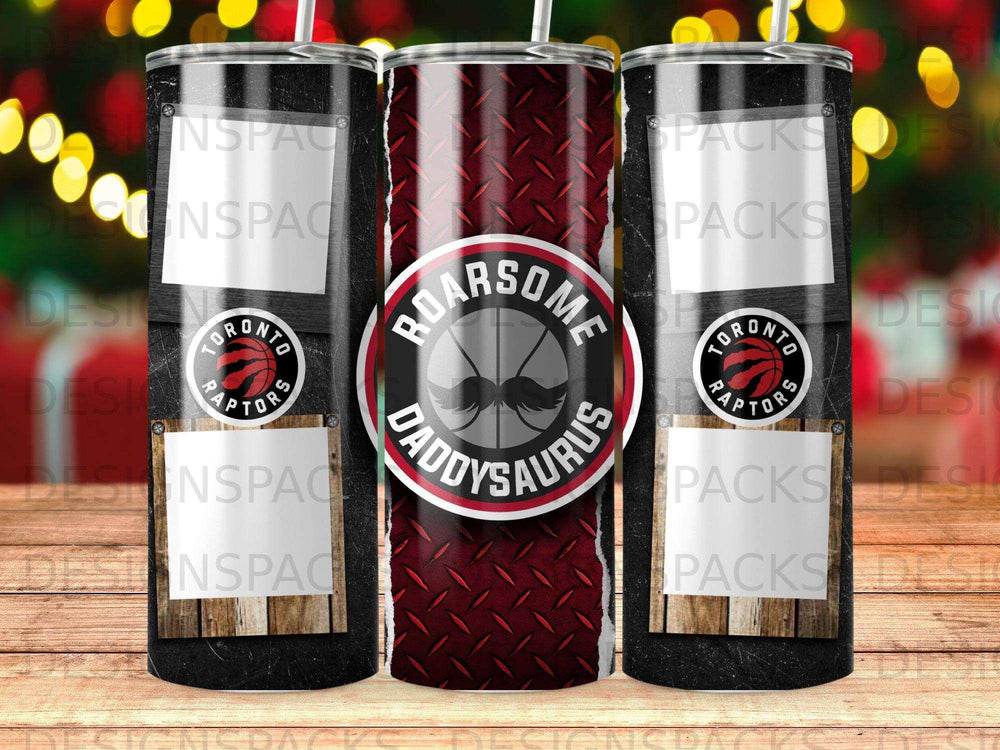 Toronto Raptors "Daddysaurus" tumbler with dinosaur and diamond plate design.