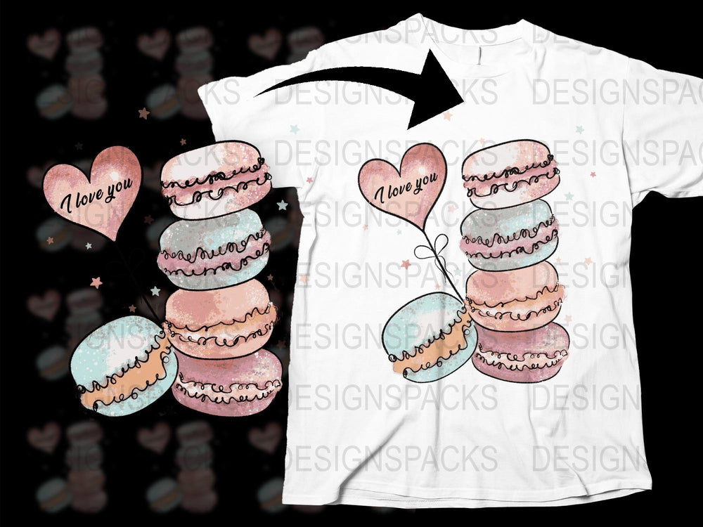 Watercolor Macaron T-Shirt, 'I Love You' Heart Design, French Pastries Tee, Unique Valentine's Day Gift Idea