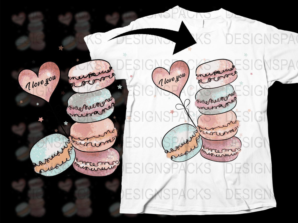 Watercolor Macaron T-Shirt, 'I Love You' Heart Design, French Pastries Tee, Unique Valentine's Day Gift Idea