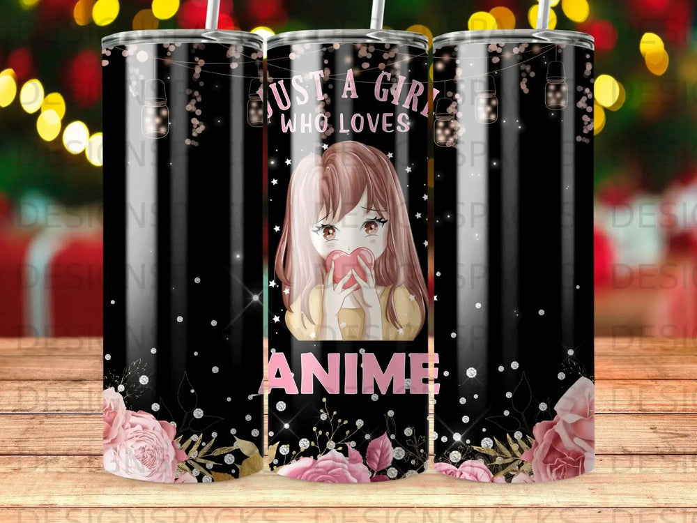 Anime girl with heart, pink roses, and light bulbs on black background.