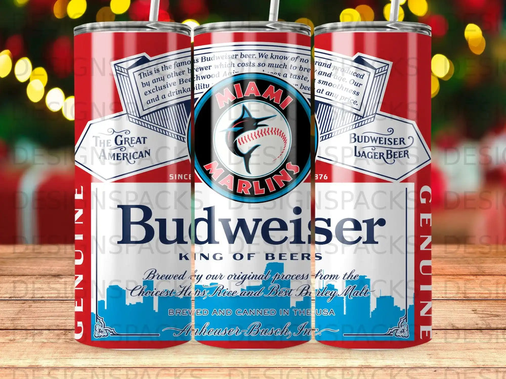 Budweiser and Miami Marlins beer can with vintage branding.