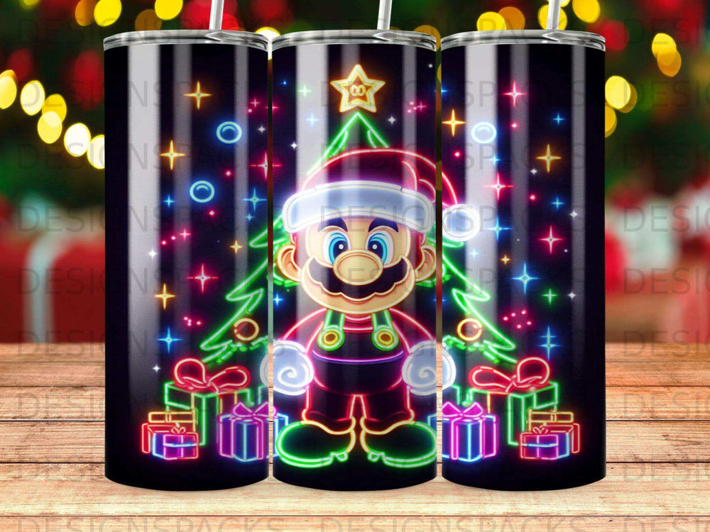 Mario in a Santa hat with a Christmas tree and presents, glowing neon art.