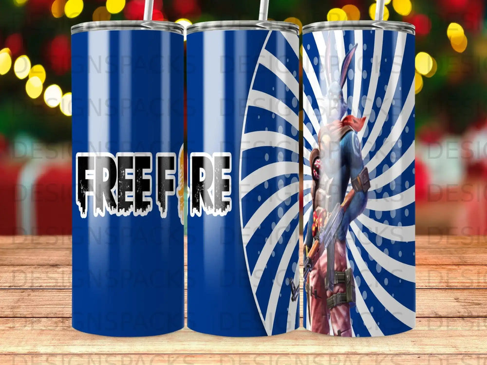 Free Fire character with blue and white radial background on a tumbler.
