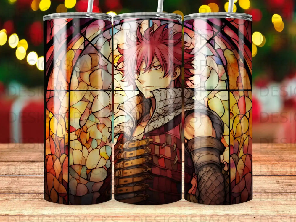 Anime character Natsu Dragneel in front of stained glass window.